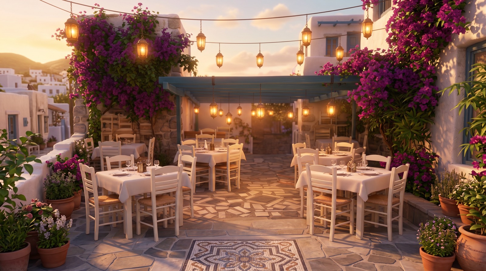 The lantern-lit terrace at Taverna Kostas at dusk